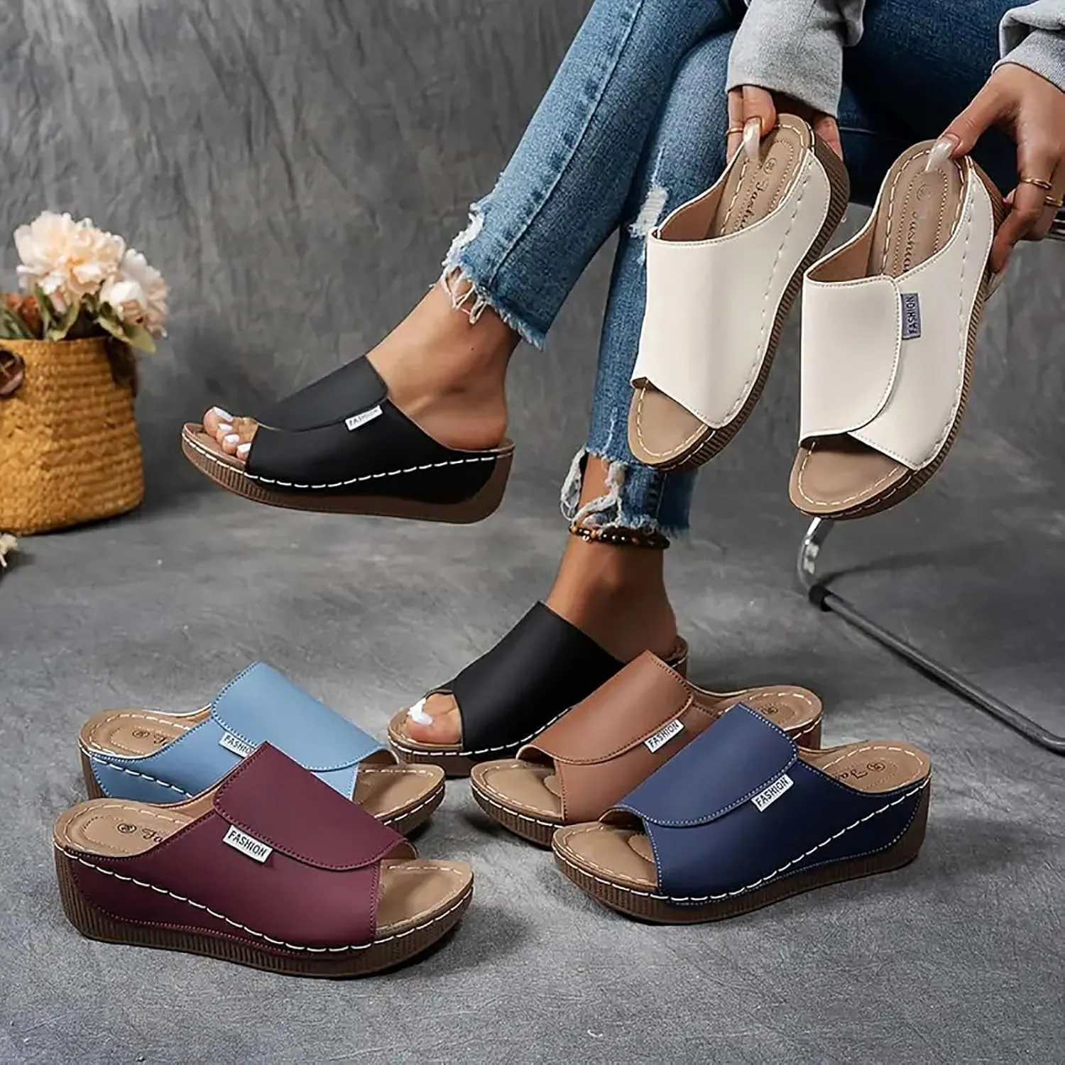 2025 Wedge Sandals for Women Fashion Open Toe Vacation Slippers with Arch Support Breathable Comfortable Orthopedic Walking Footwear Summer Dressy Slip-On Soft Sole Casual Shoe Wide Width Sandals