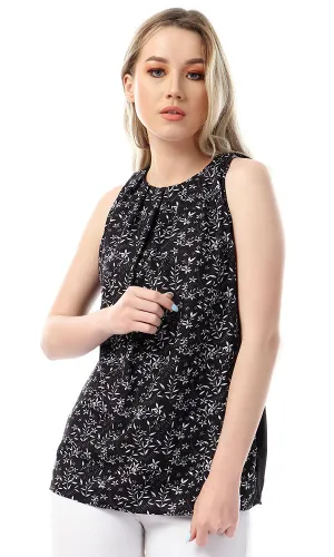 53353 Floral Sleeveless Round Collar Top - Black