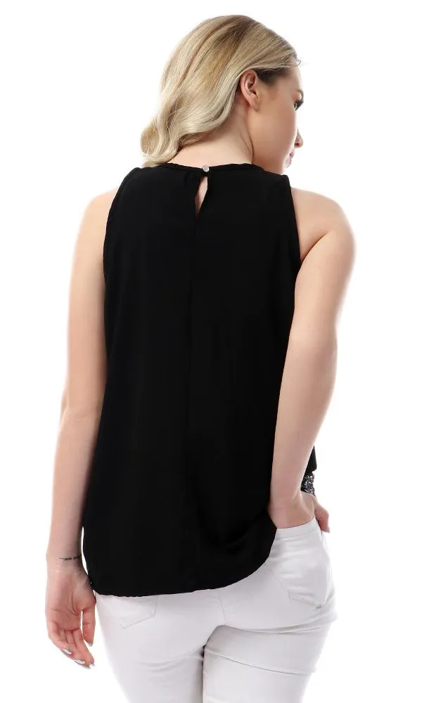 53353 Floral Sleeveless Round Collar Top - Black