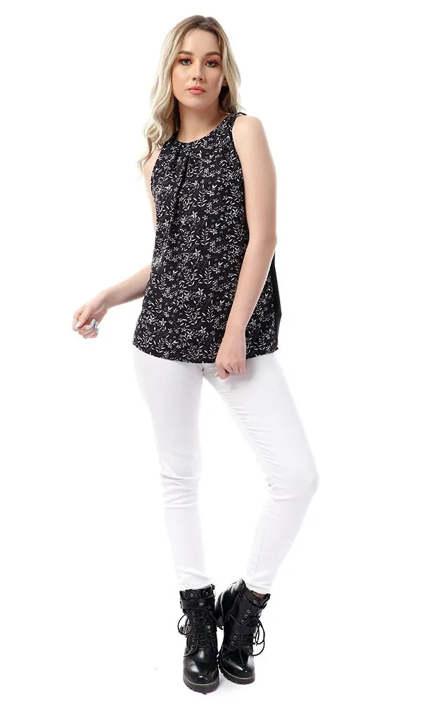 53353 Floral Sleeveless Round Collar Top - Black