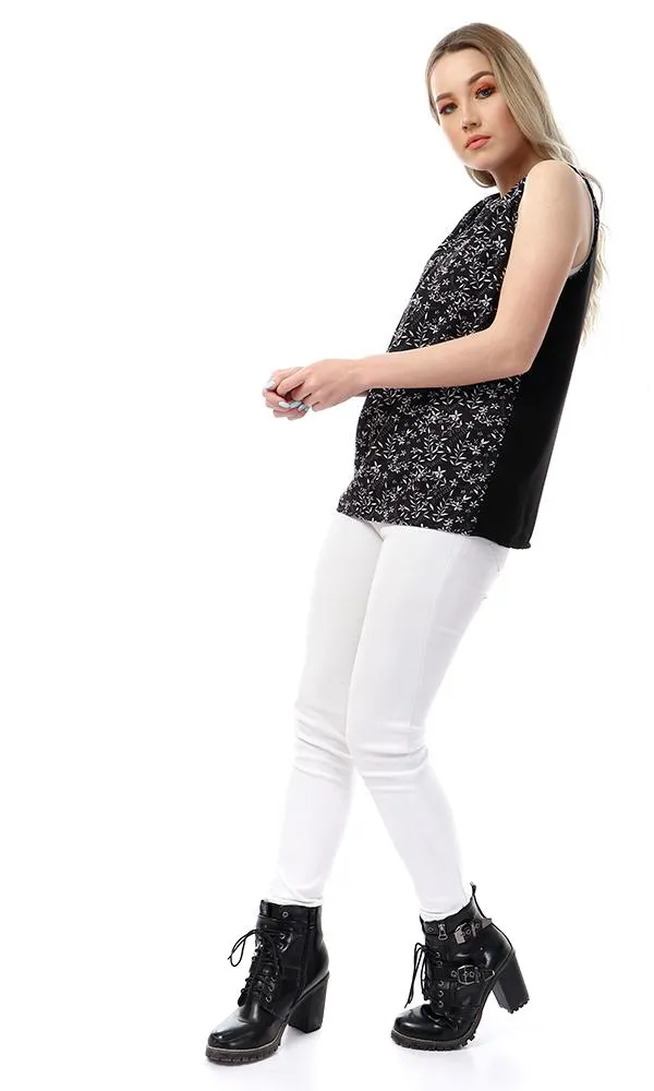 53353 Floral Sleeveless Round Collar Top - Black