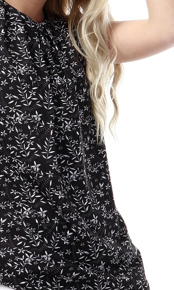 53353 Floral Sleeveless Round Collar Top - Black