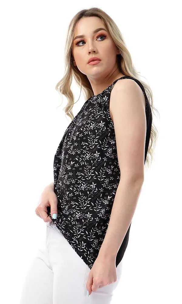 53353 Floral Sleeveless Round Collar Top - Black