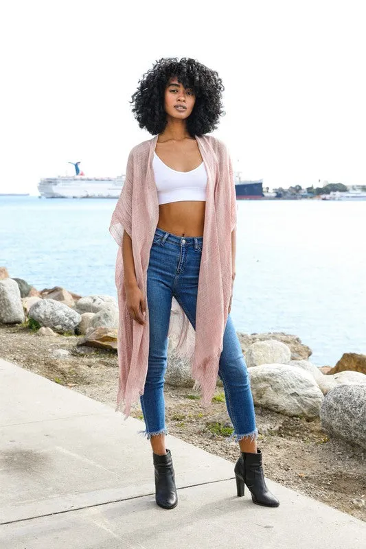 Assorted Sequin Border Frayed Trim Kimono