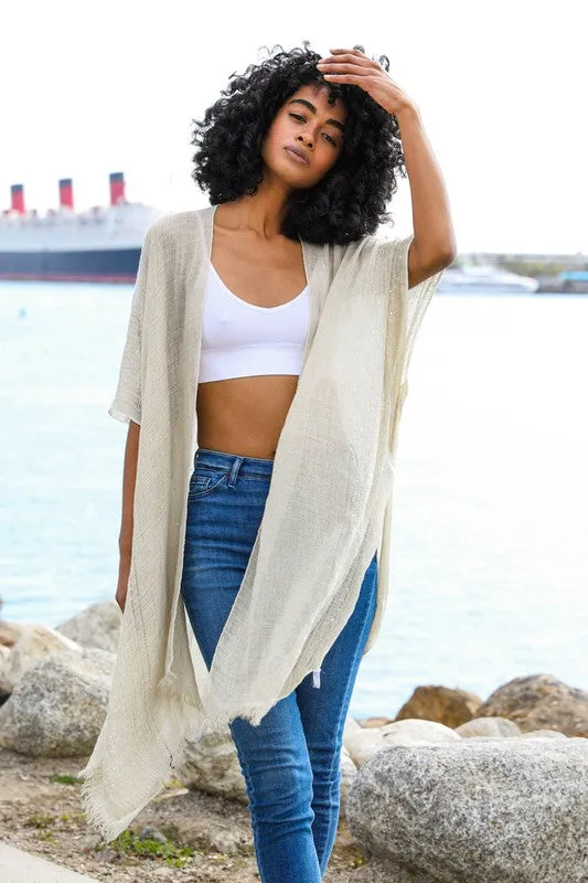 Assorted Sequin Border Frayed Trim Kimono
