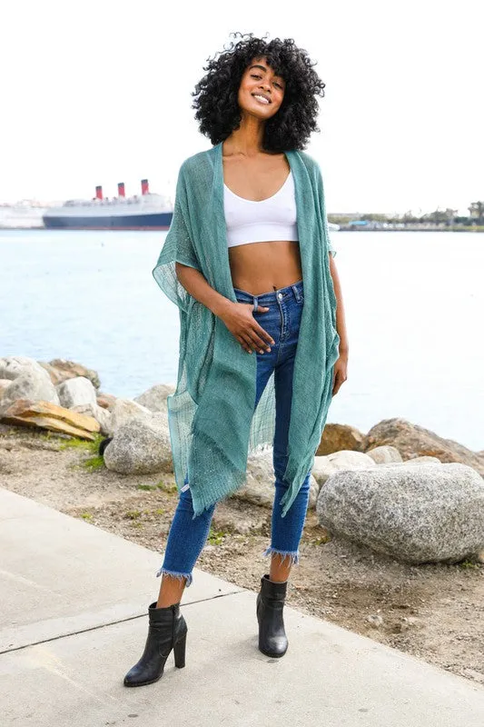 Assorted Sequin Border Frayed Trim Kimono