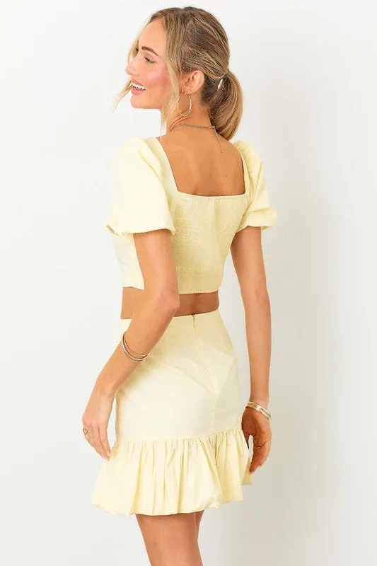 Banana Ruffle Puff Sleeve Crop Top Mini Skirt Set