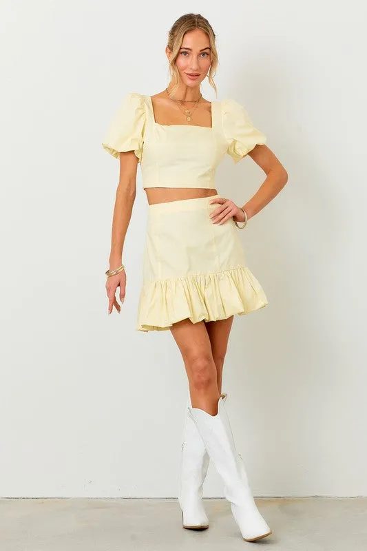 Banana Ruffle Puff Sleeve Crop Top Mini Skirt Set