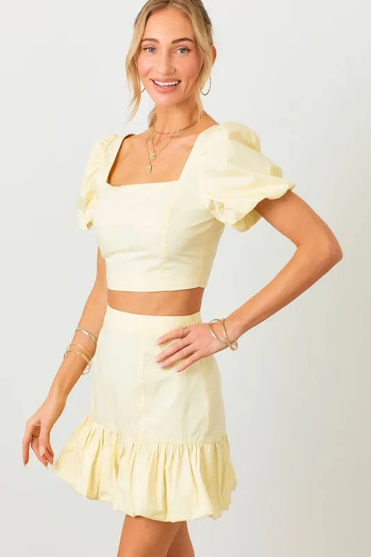 Banana Ruffle Puff Sleeve Crop Top Mini Skirt Set