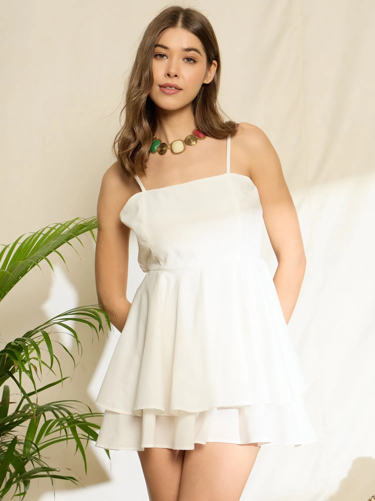Berrylush Women Solid White Square Neck Sleeveless Back Tie-Up Cutout Layered Mini Jumpsuit