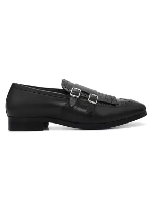 Black Brogue Monk Straps Shoes