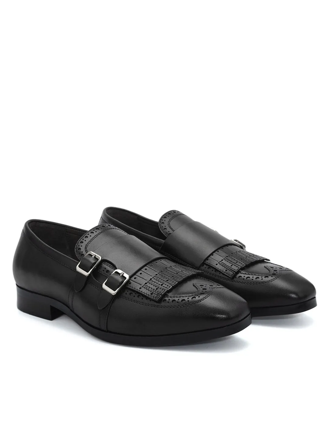 Black Brogue Monk Straps Shoes