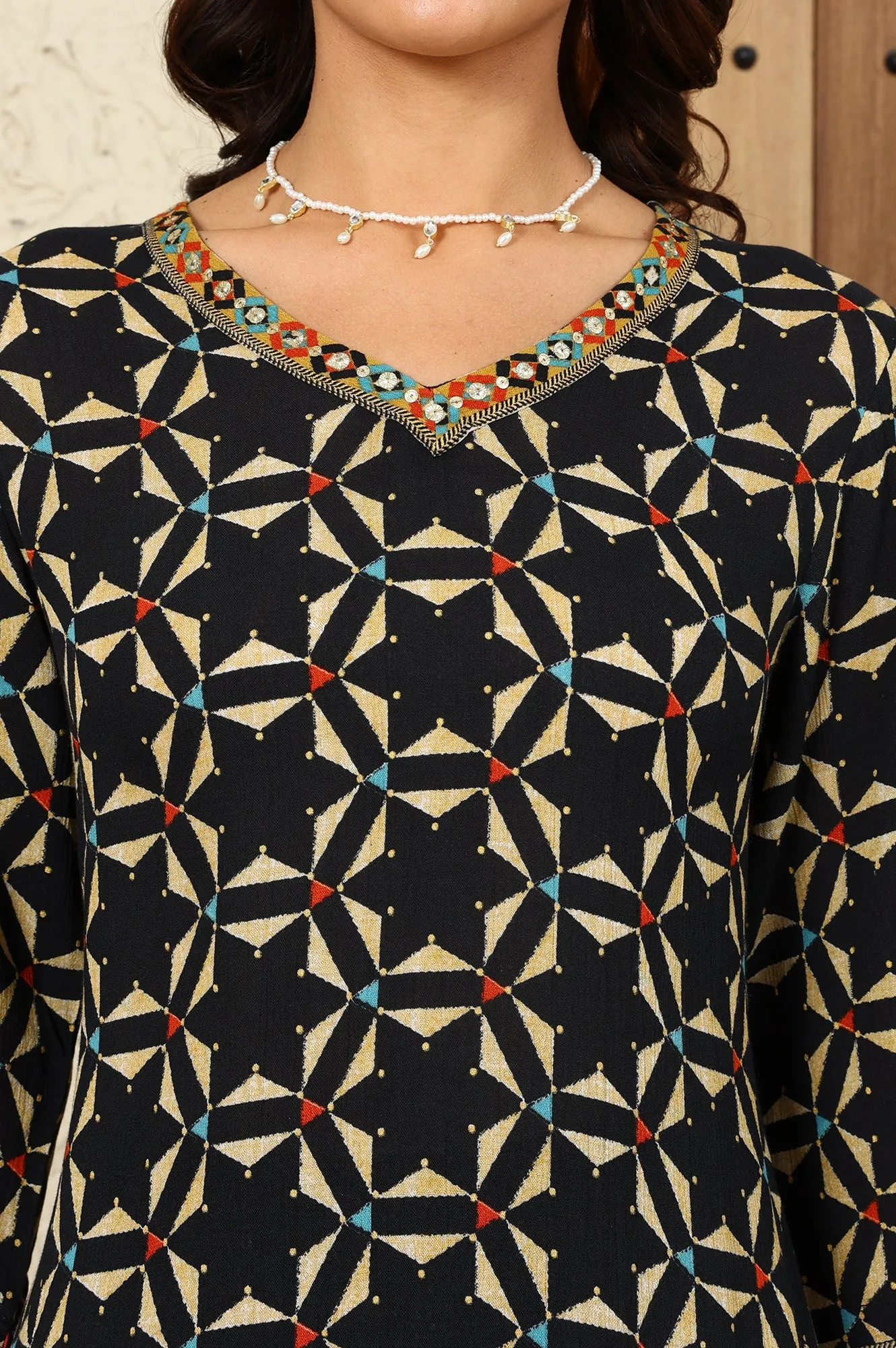 Black Geometric Printed V-Neck Rayon Crepe Kurta With Sequin Detailing