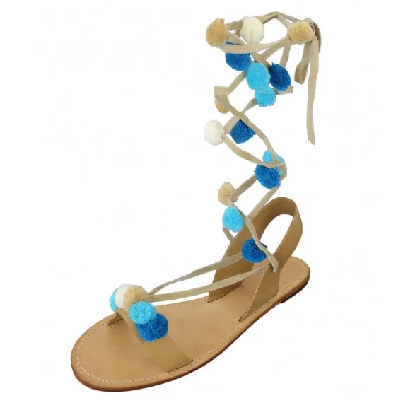 Blue Pom Pom Natural Leather Sandals