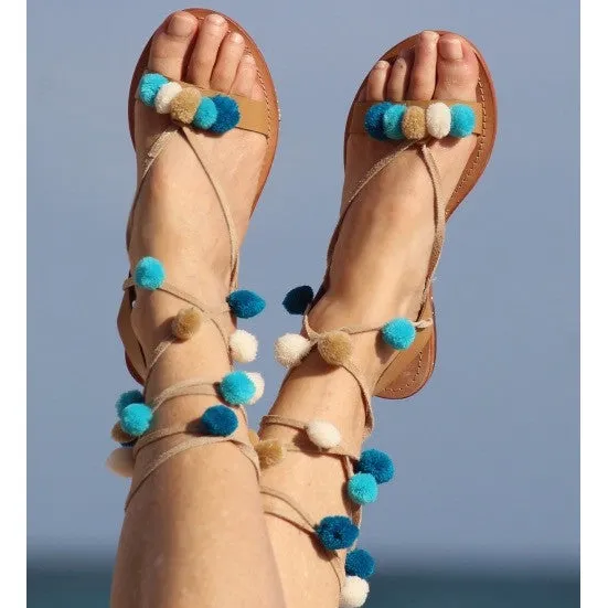 Blue Pom Pom Natural Leather Sandals