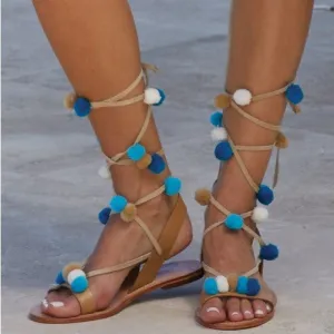 Blue Pom Pom Natural Leather Sandals