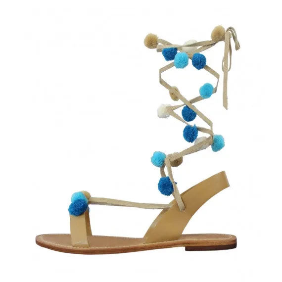 Blue Pom Pom Natural Leather Sandals