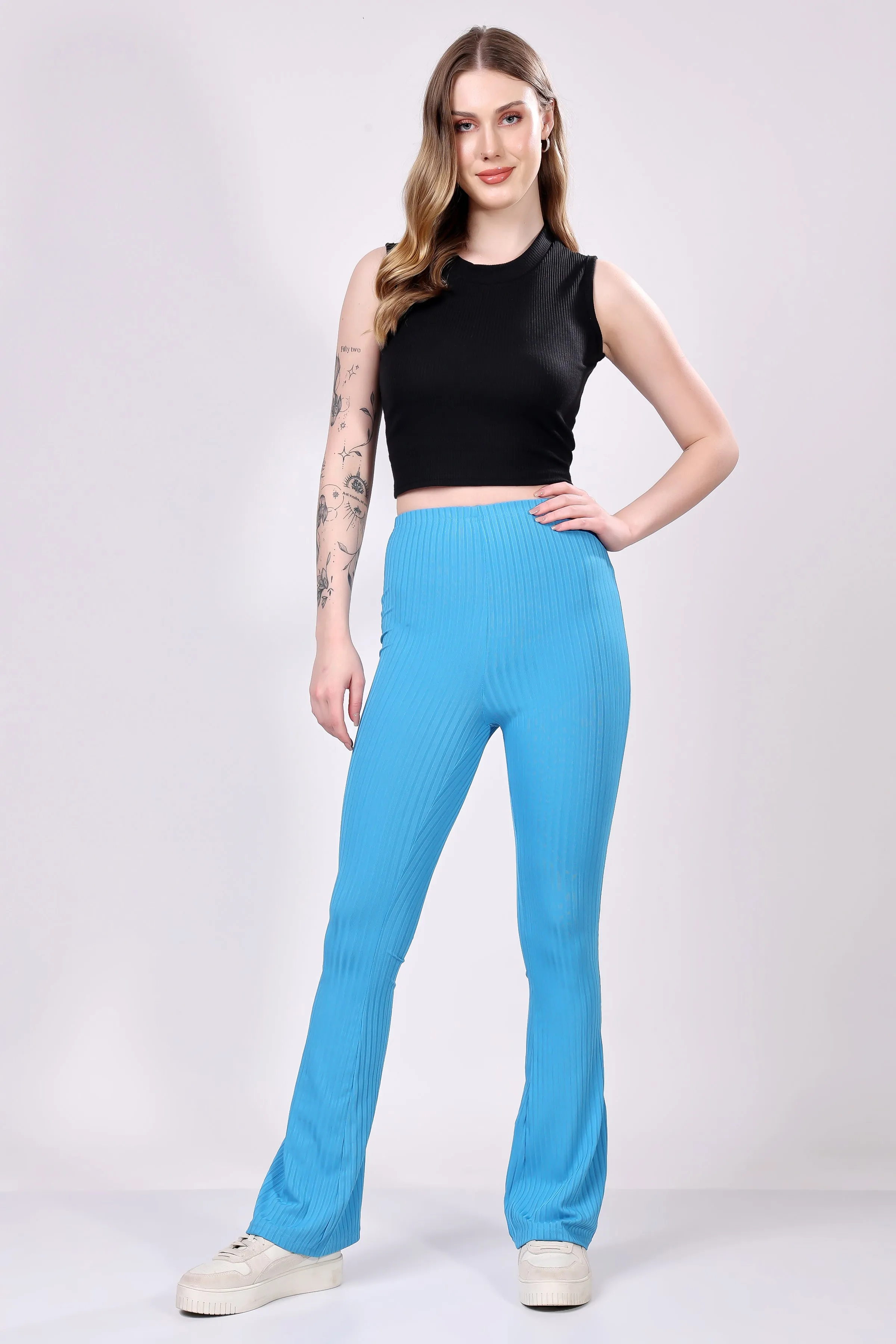Blue Ribbed Flare Leggings