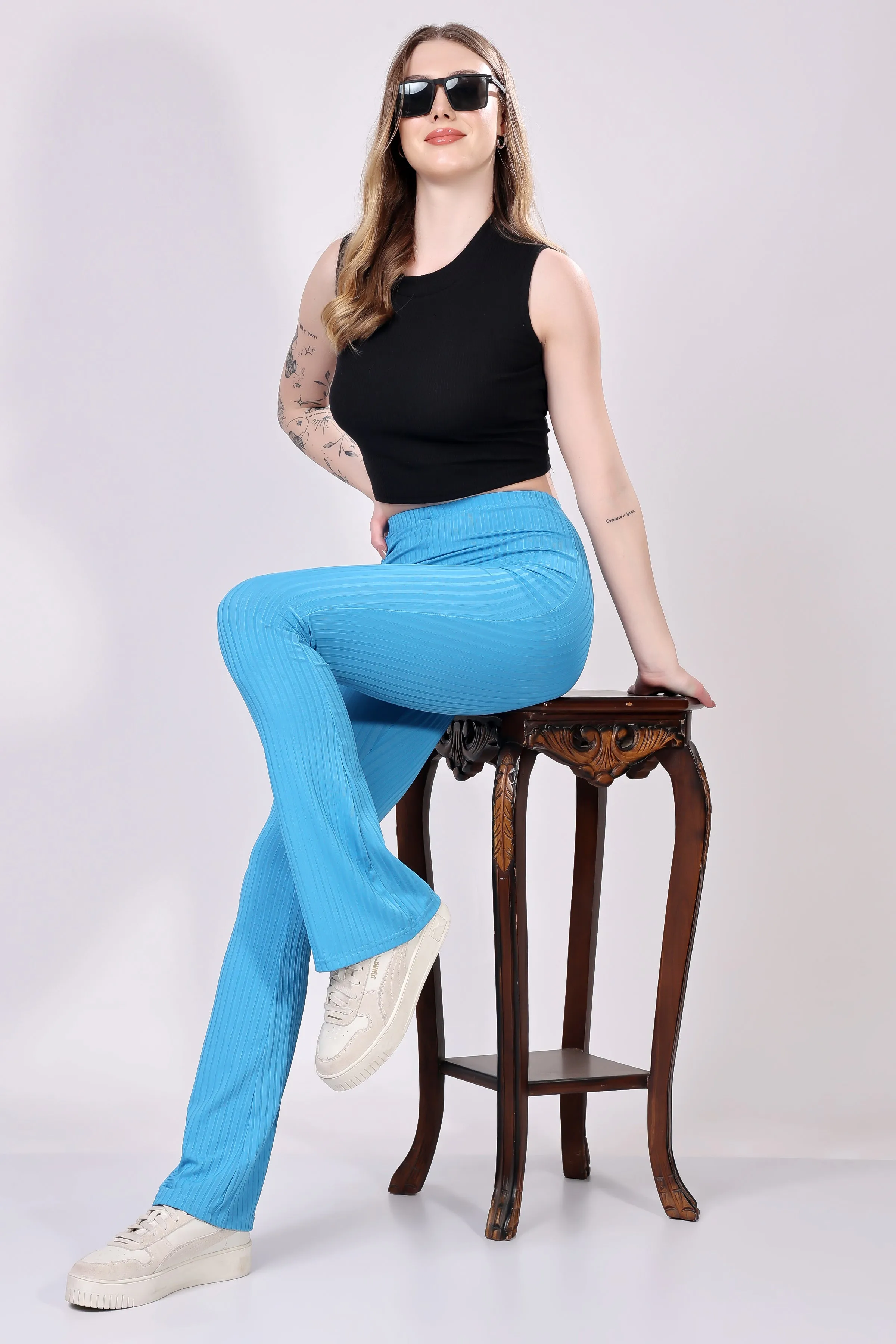 Blue Ribbed Flare Leggings