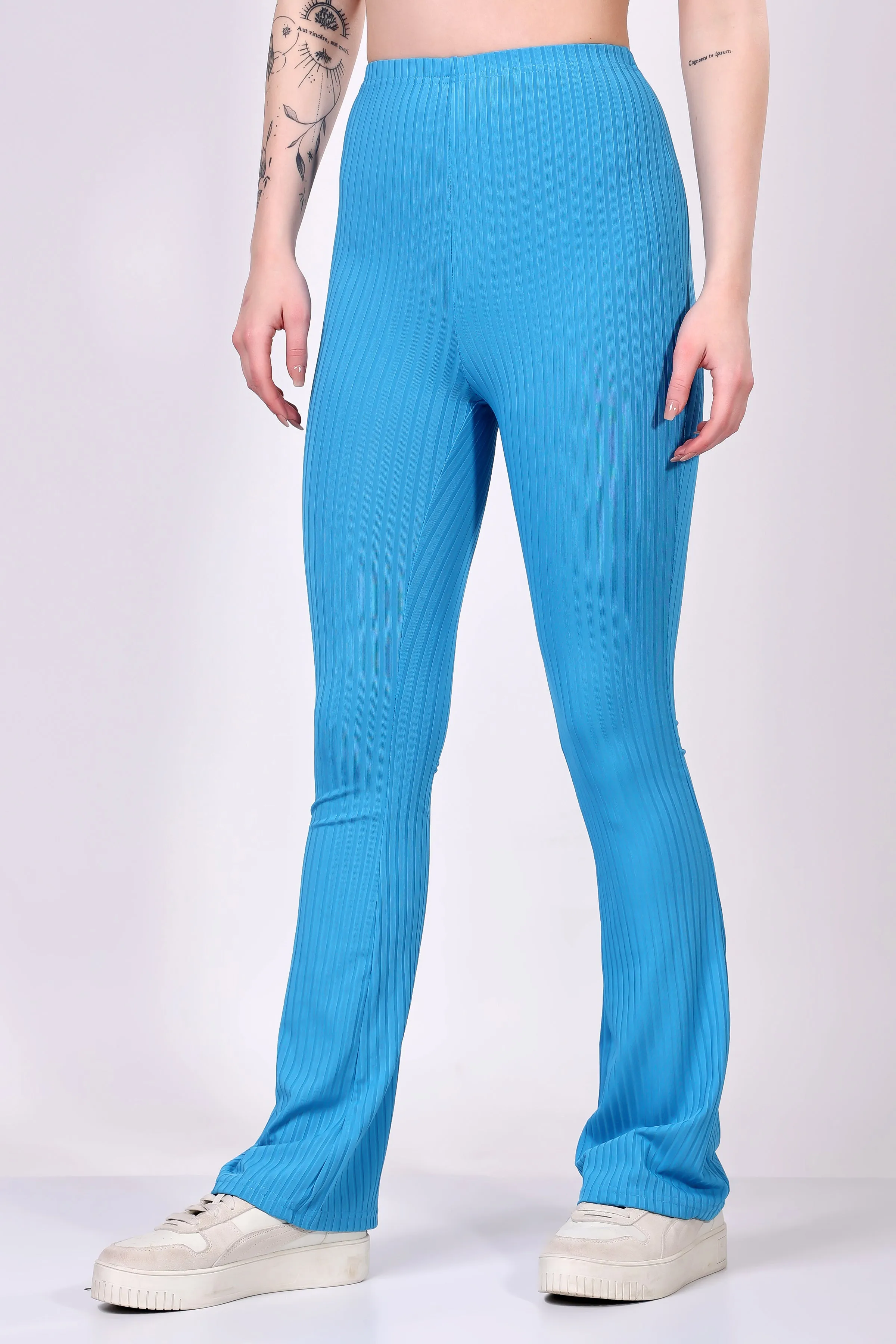 Blue Ribbed Flare Leggings