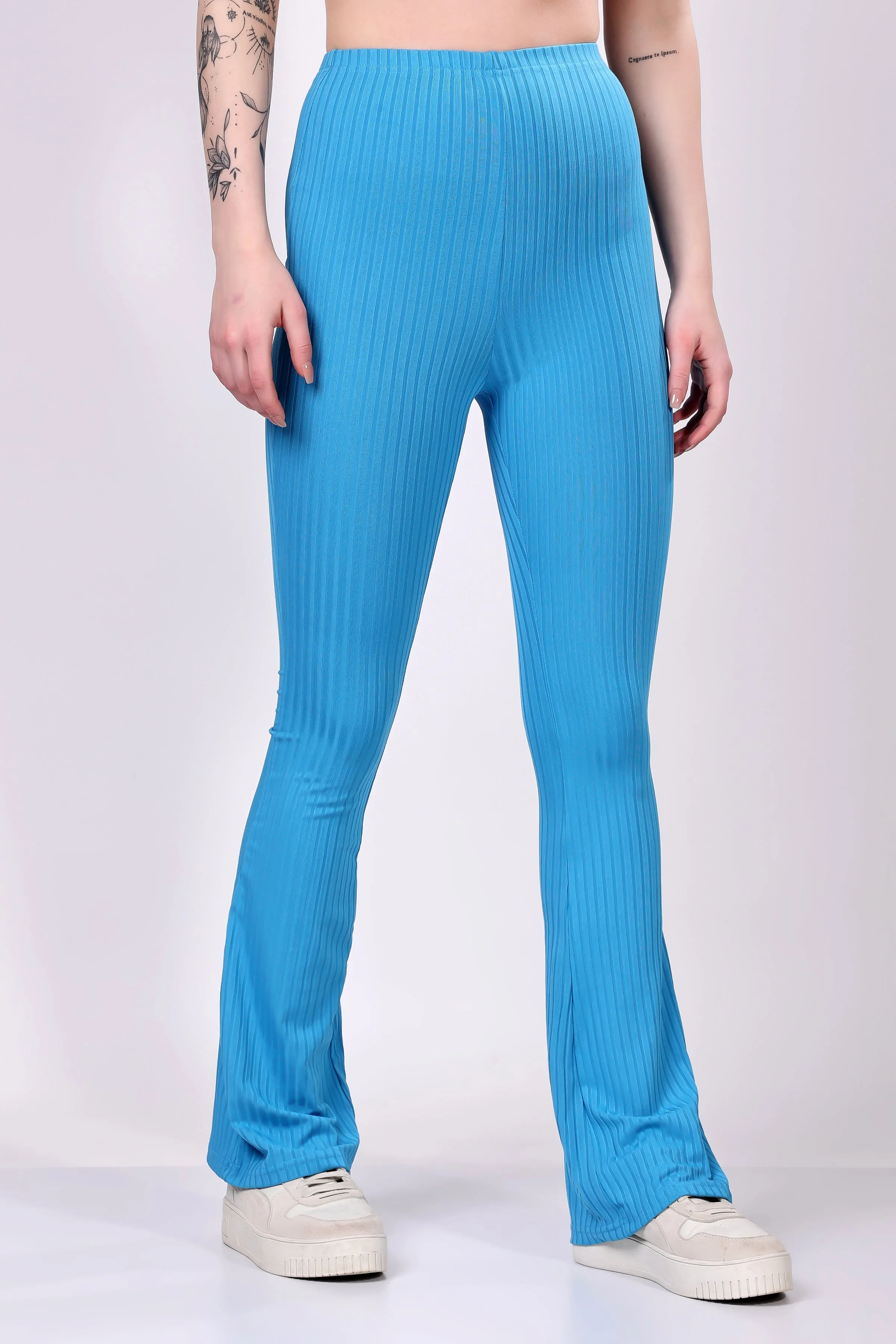 Blue Ribbed Flare Leggings