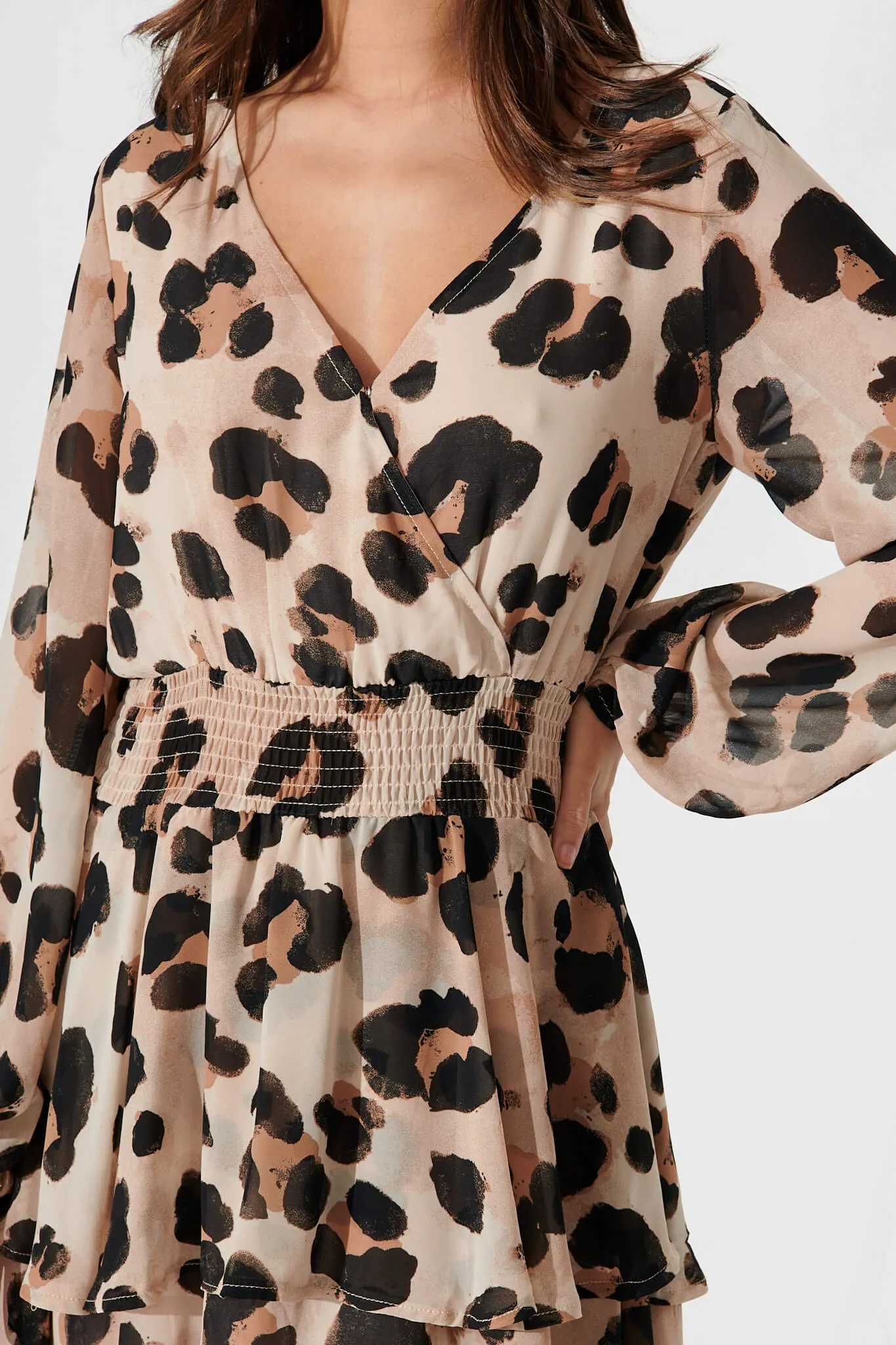 Brunetti Dress In Beige With Black Leopard Chiffon