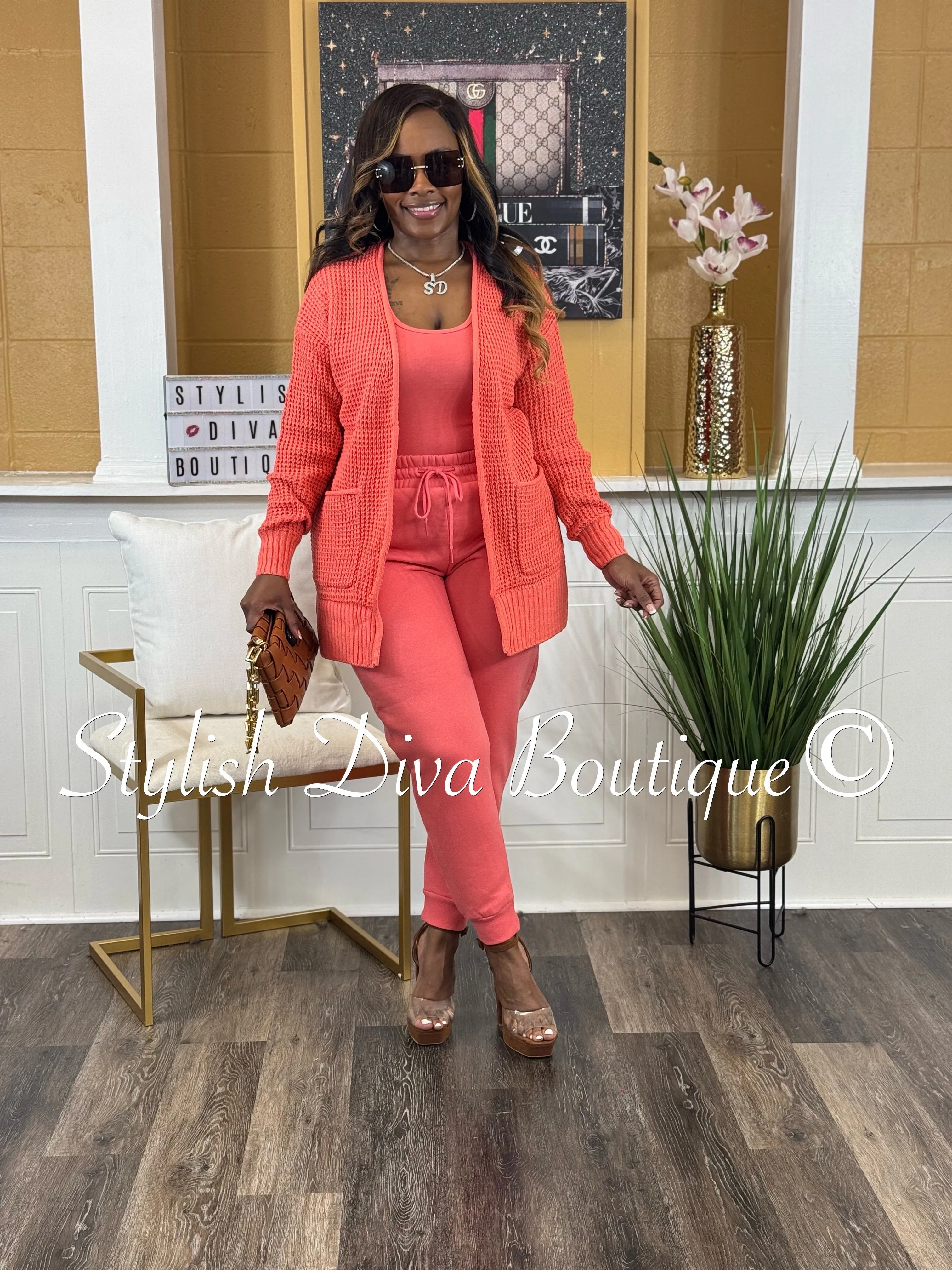 Caitlyn 3pc Waffle Cardigan Set (Deep Coral)