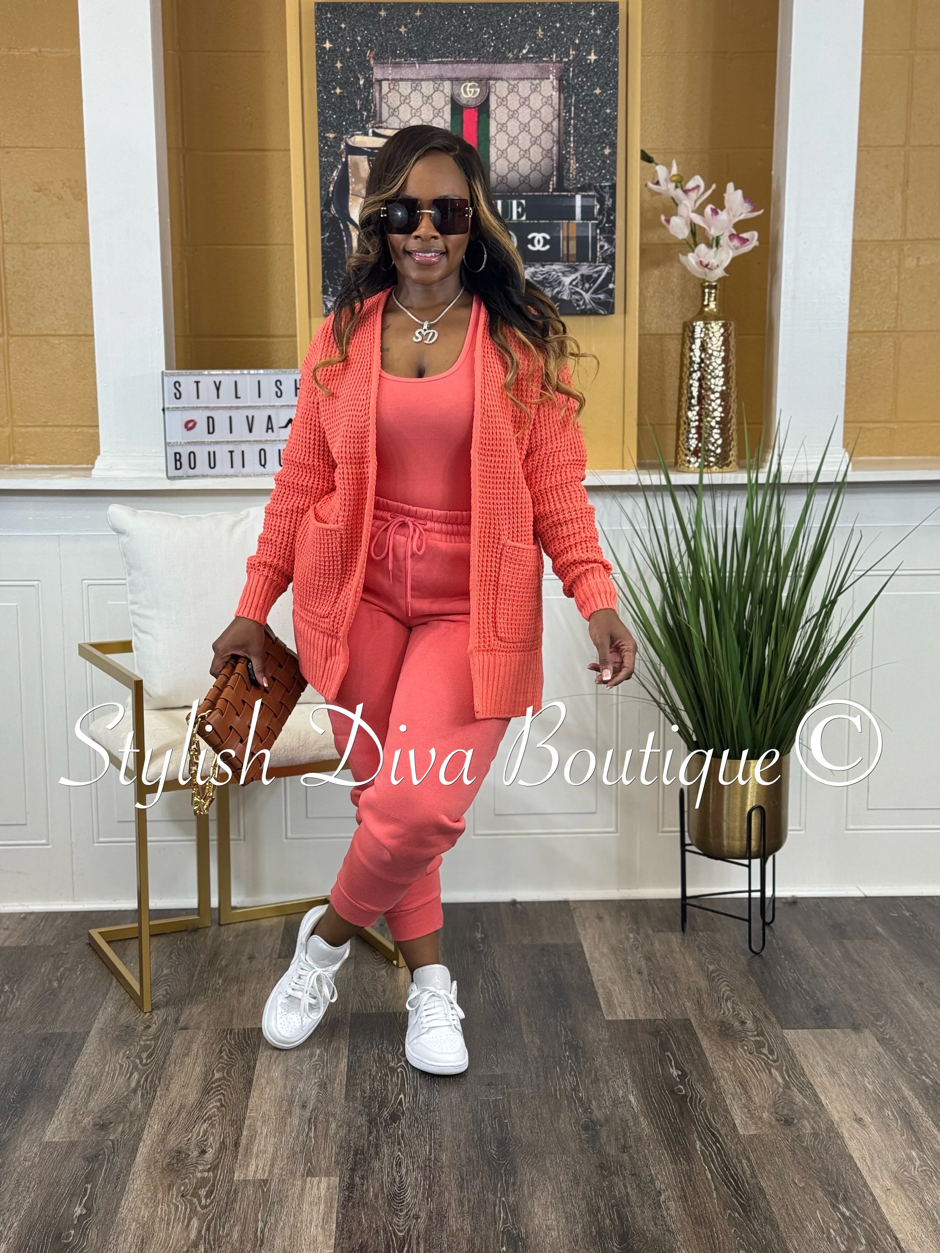 Caitlyn 3pc Waffle Cardigan Set (Deep Coral)