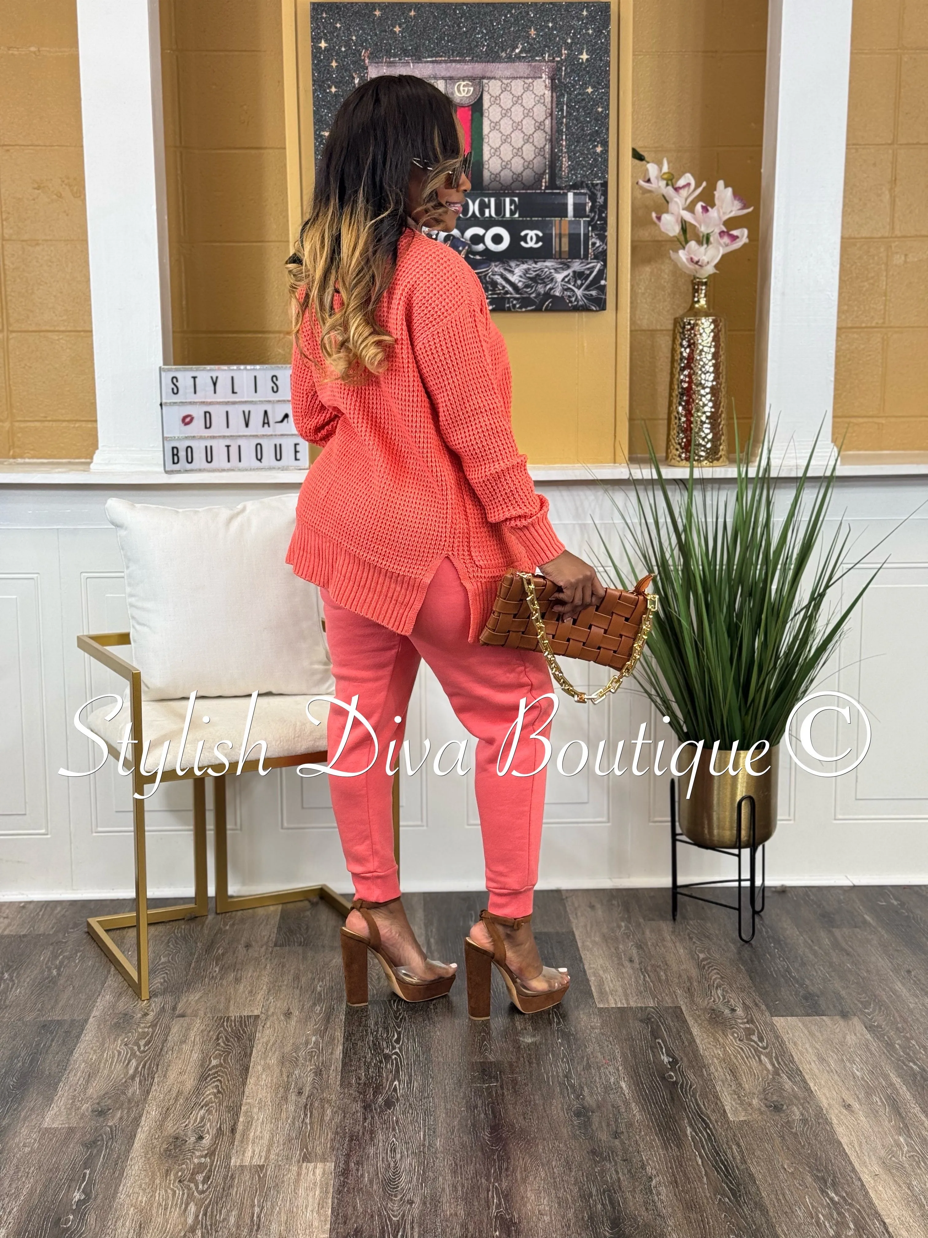 Caitlyn 3pc Waffle Cardigan Set (Deep Coral)