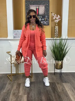 Caitlyn 3pc Waffle Cardigan Set (Deep Coral)