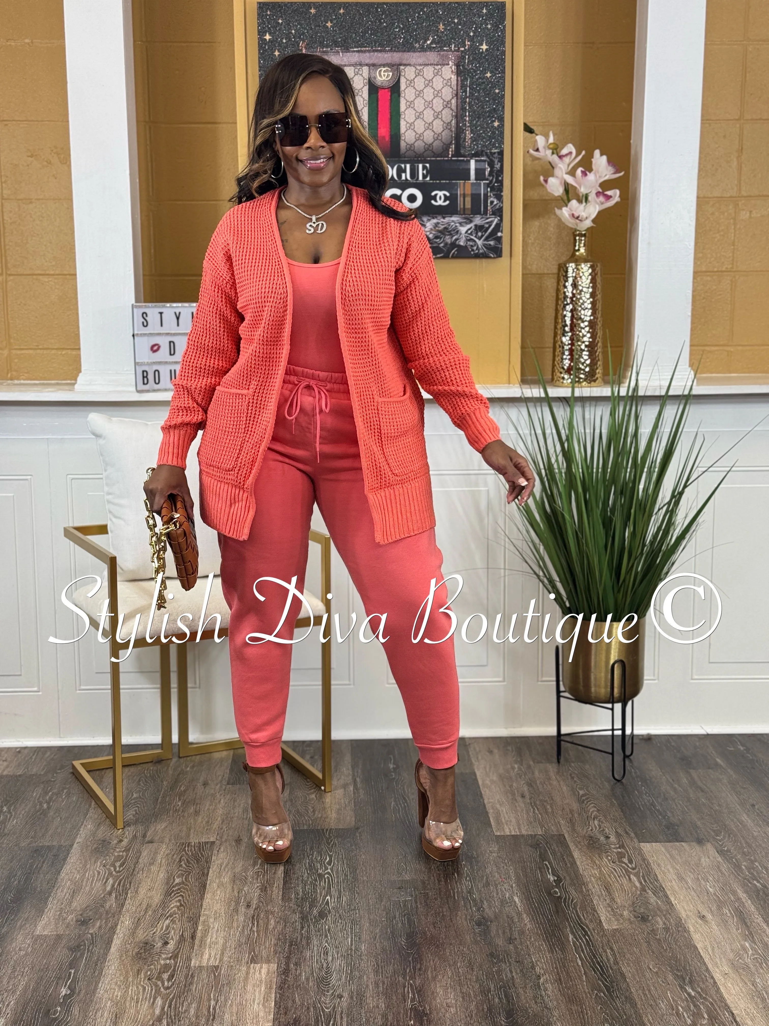 Caitlyn 3pc Waffle Cardigan Set (Deep Coral)