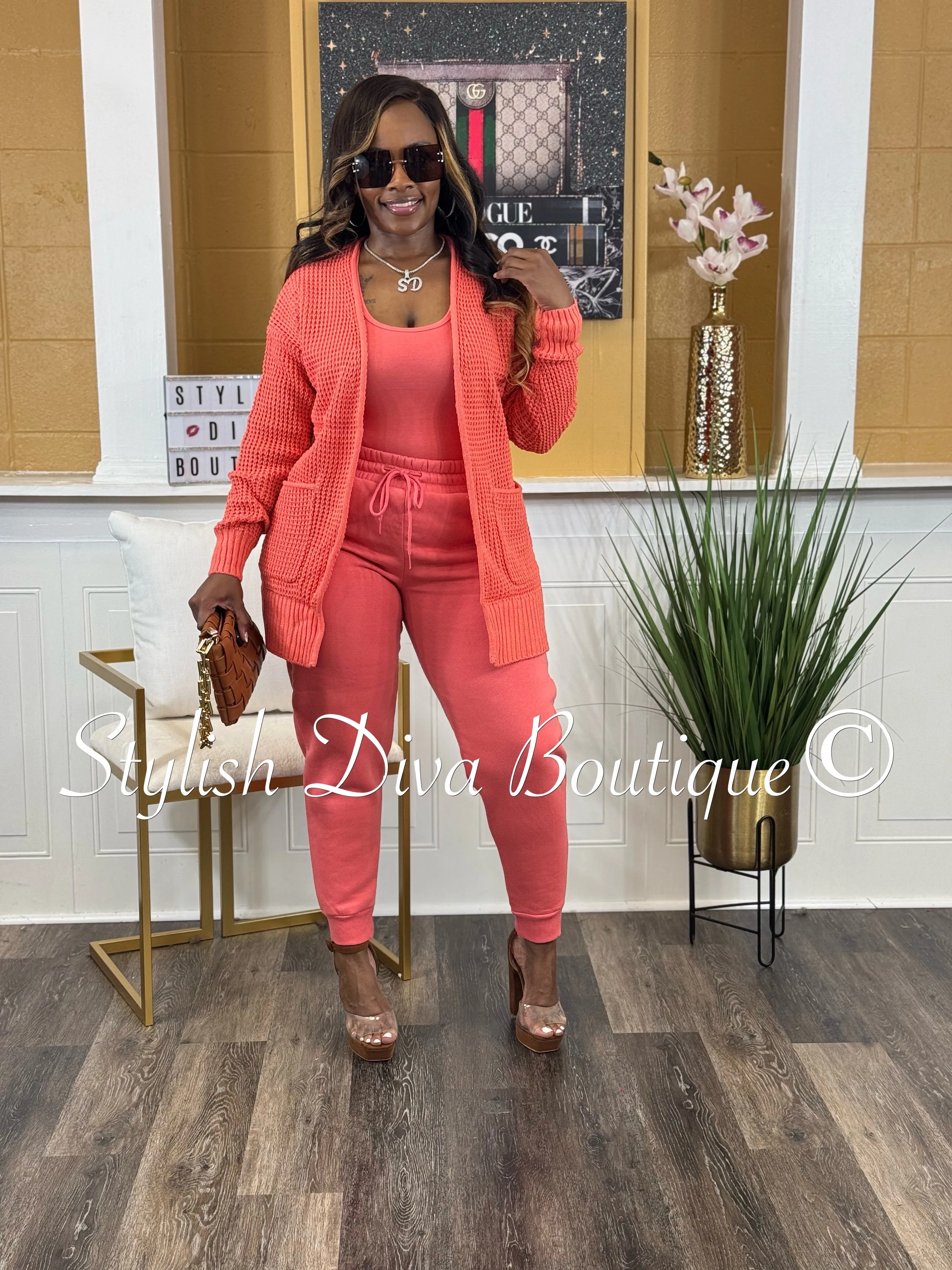 Caitlyn 3pc Waffle Cardigan Set (Deep Coral)