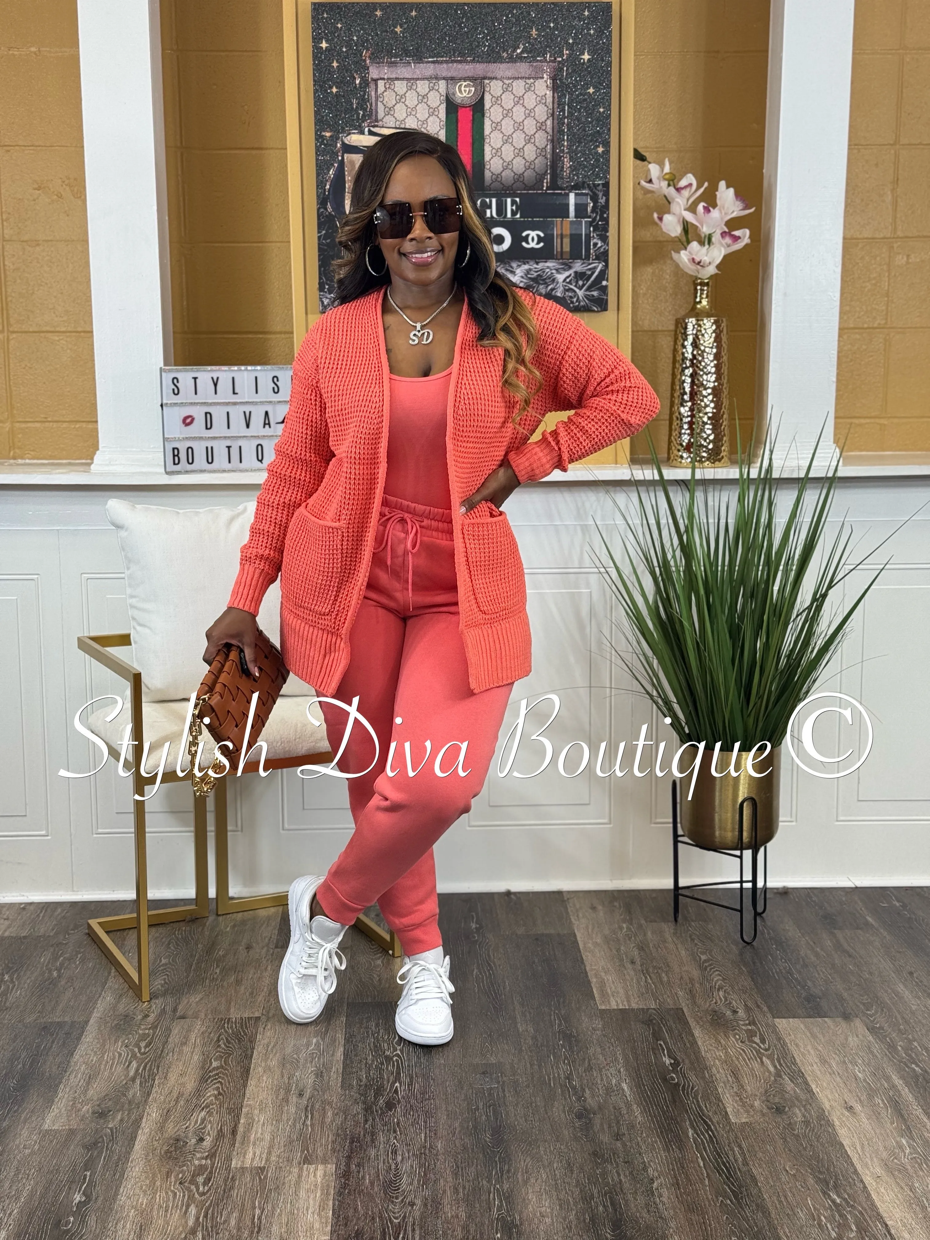 Caitlyn 3pc Waffle Cardigan Set (Deep Coral)