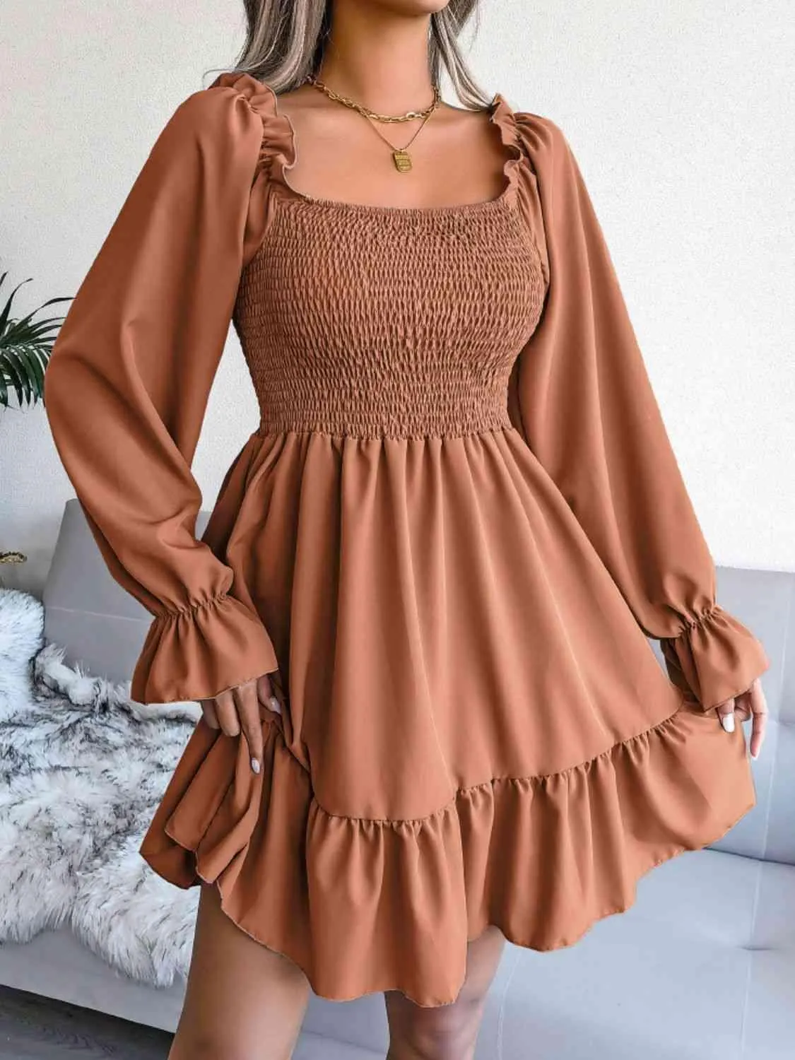 Casual Grace Smocked Square Neck Dress