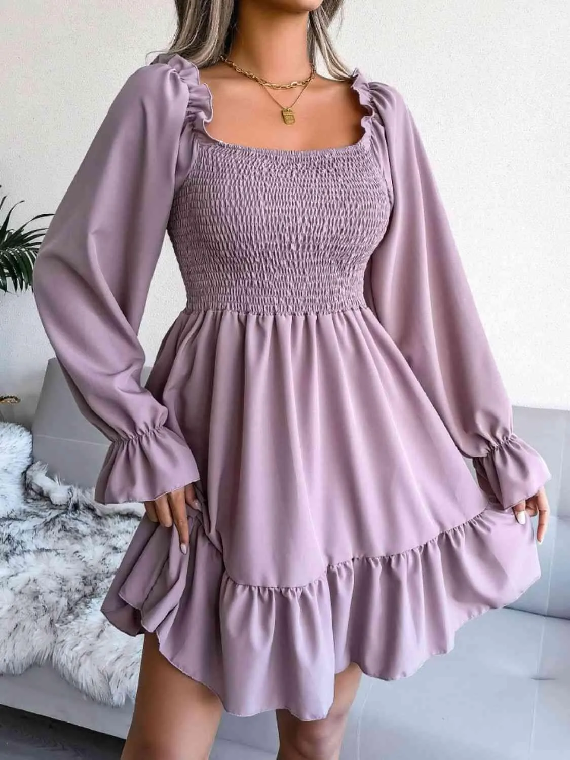 Casual Grace Smocked Square Neck Dress
