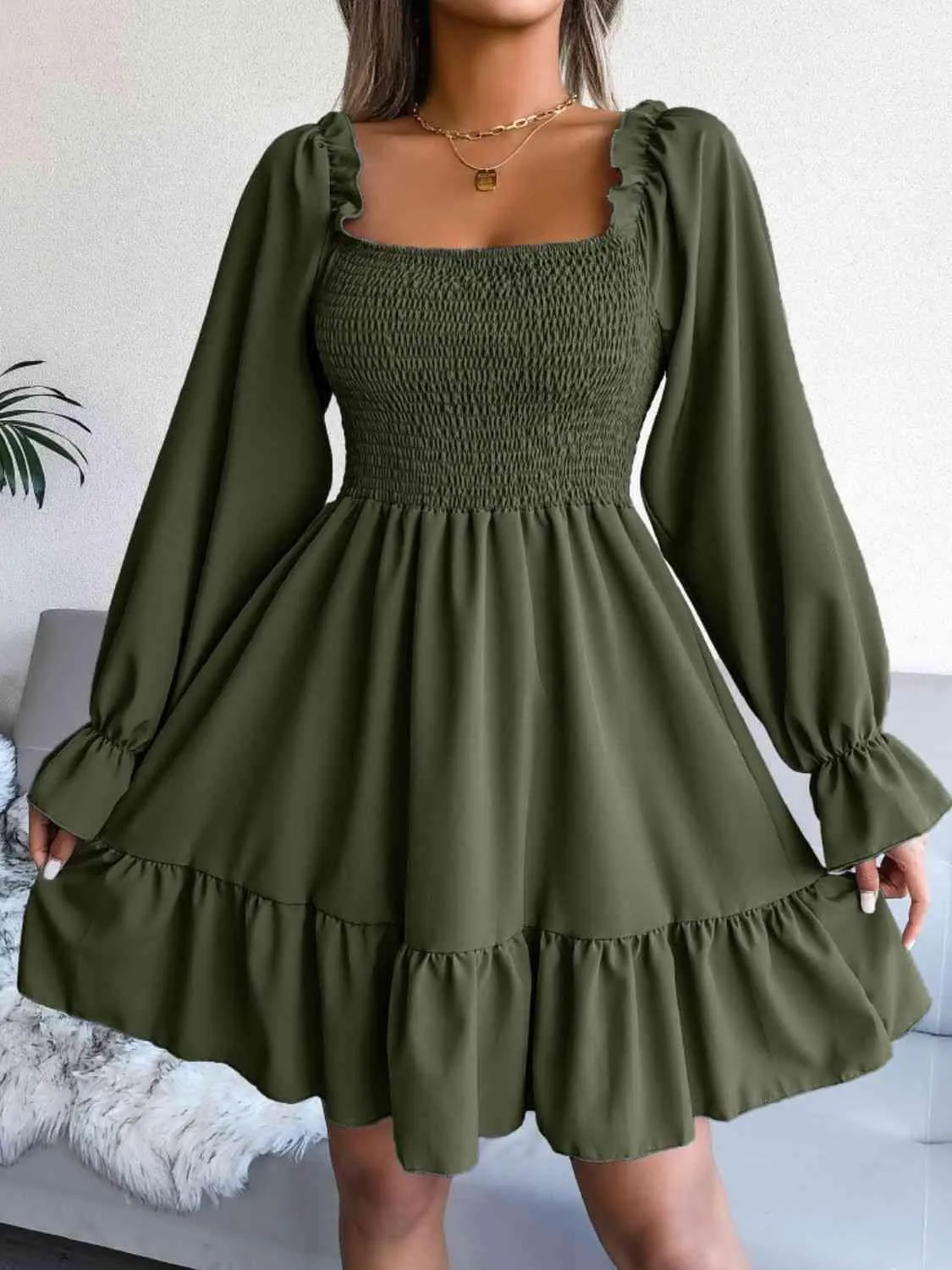 Casual Grace Smocked Square Neck Dress