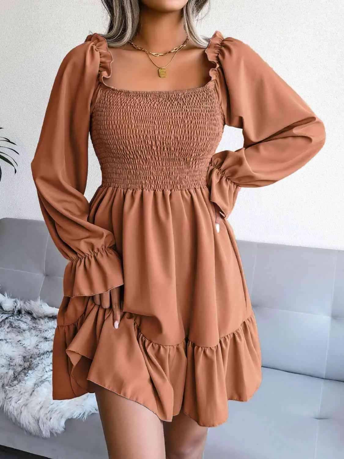 Casual Grace Smocked Square Neck Dress