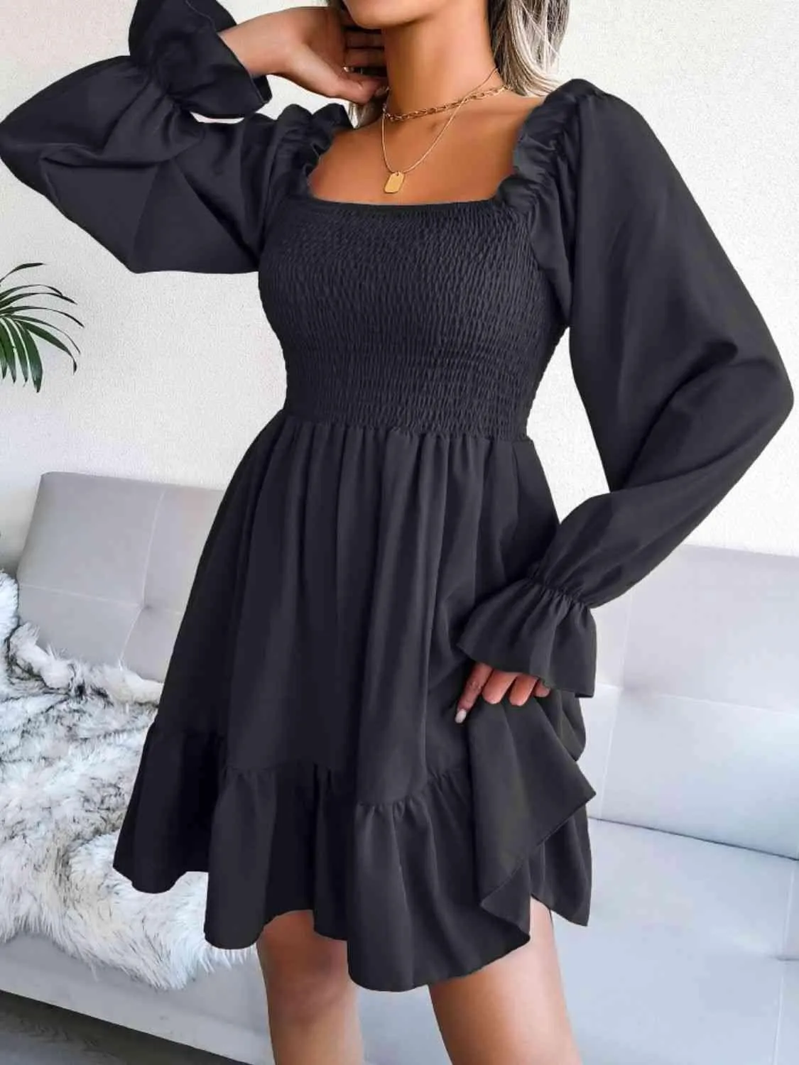 Casual Grace Smocked Square Neck Dress