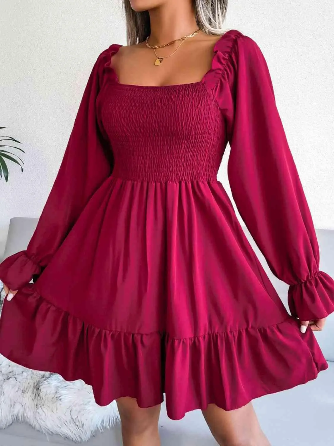 Casual Grace Smocked Square Neck Dress