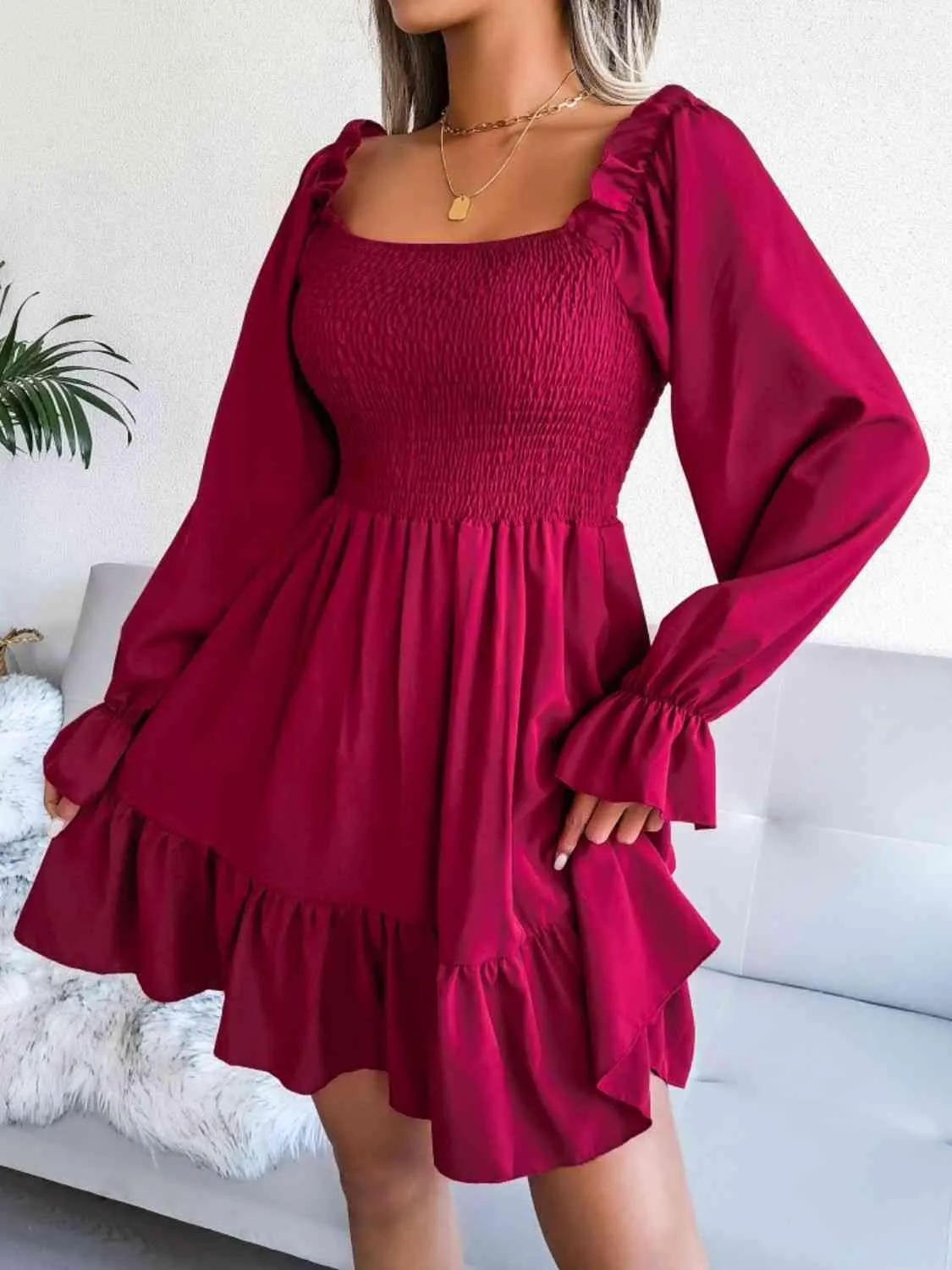 Casual Grace Smocked Square Neck Dress