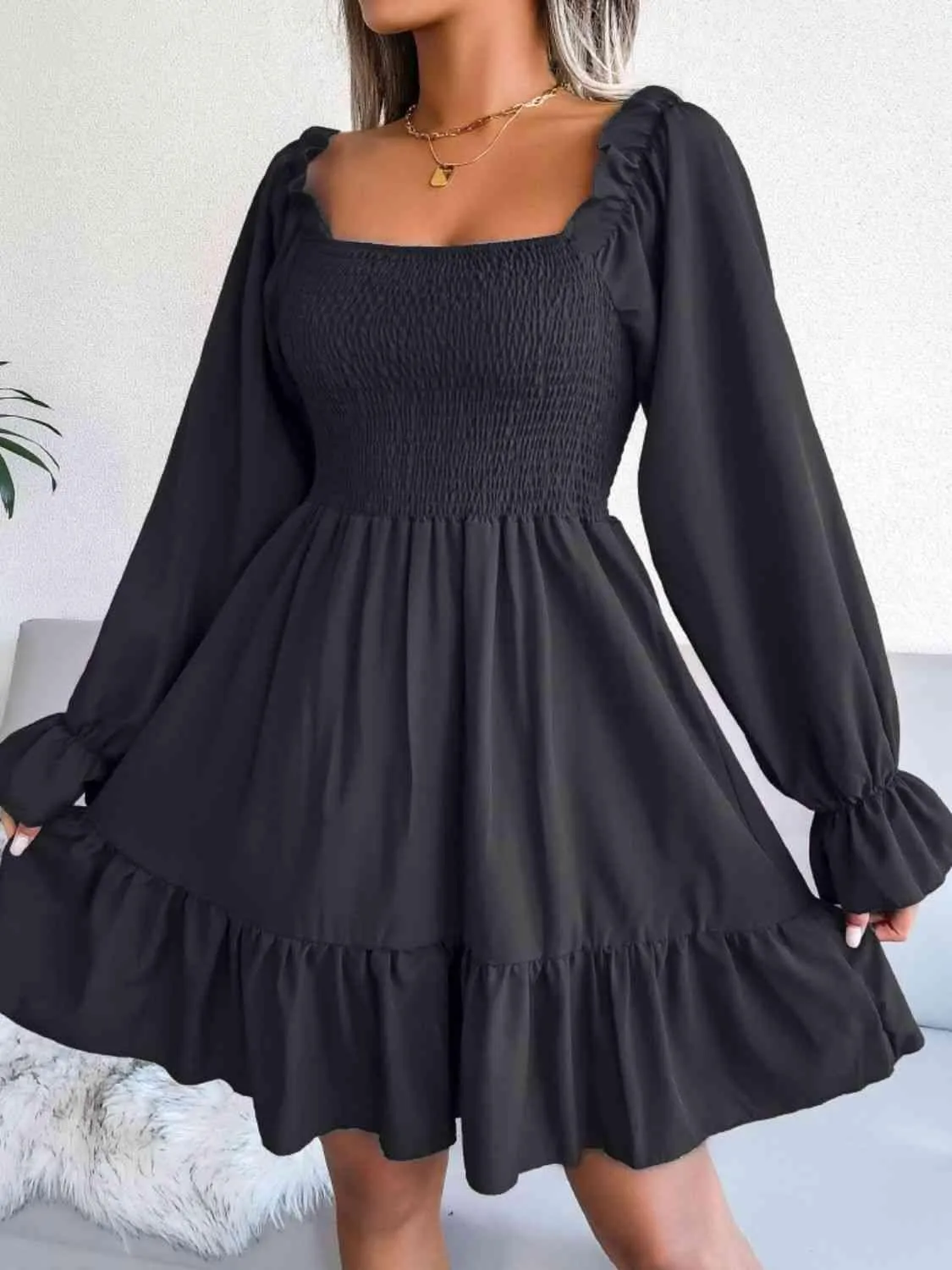 Casual Grace Smocked Square Neck Dress