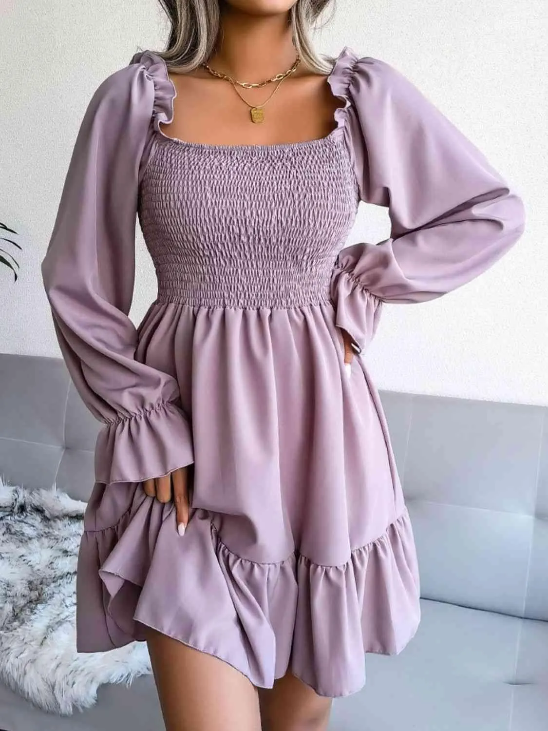 Casual Grace Smocked Square Neck Dress