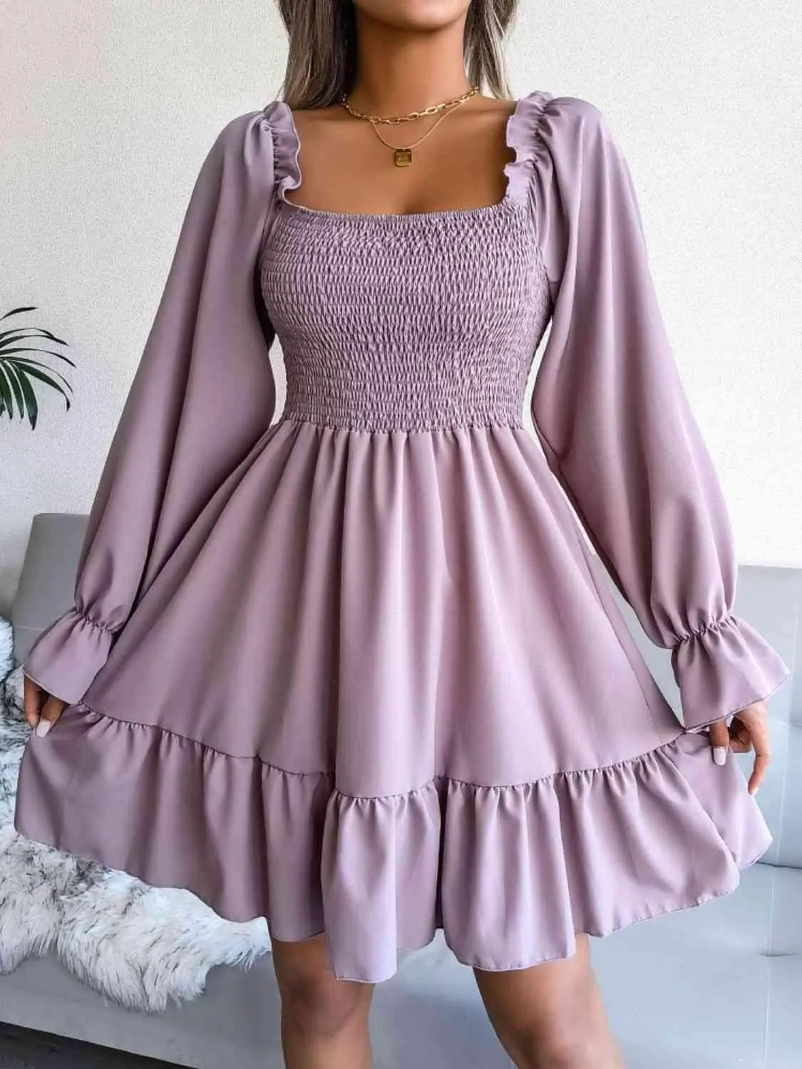 Casual Grace Smocked Square Neck Dress