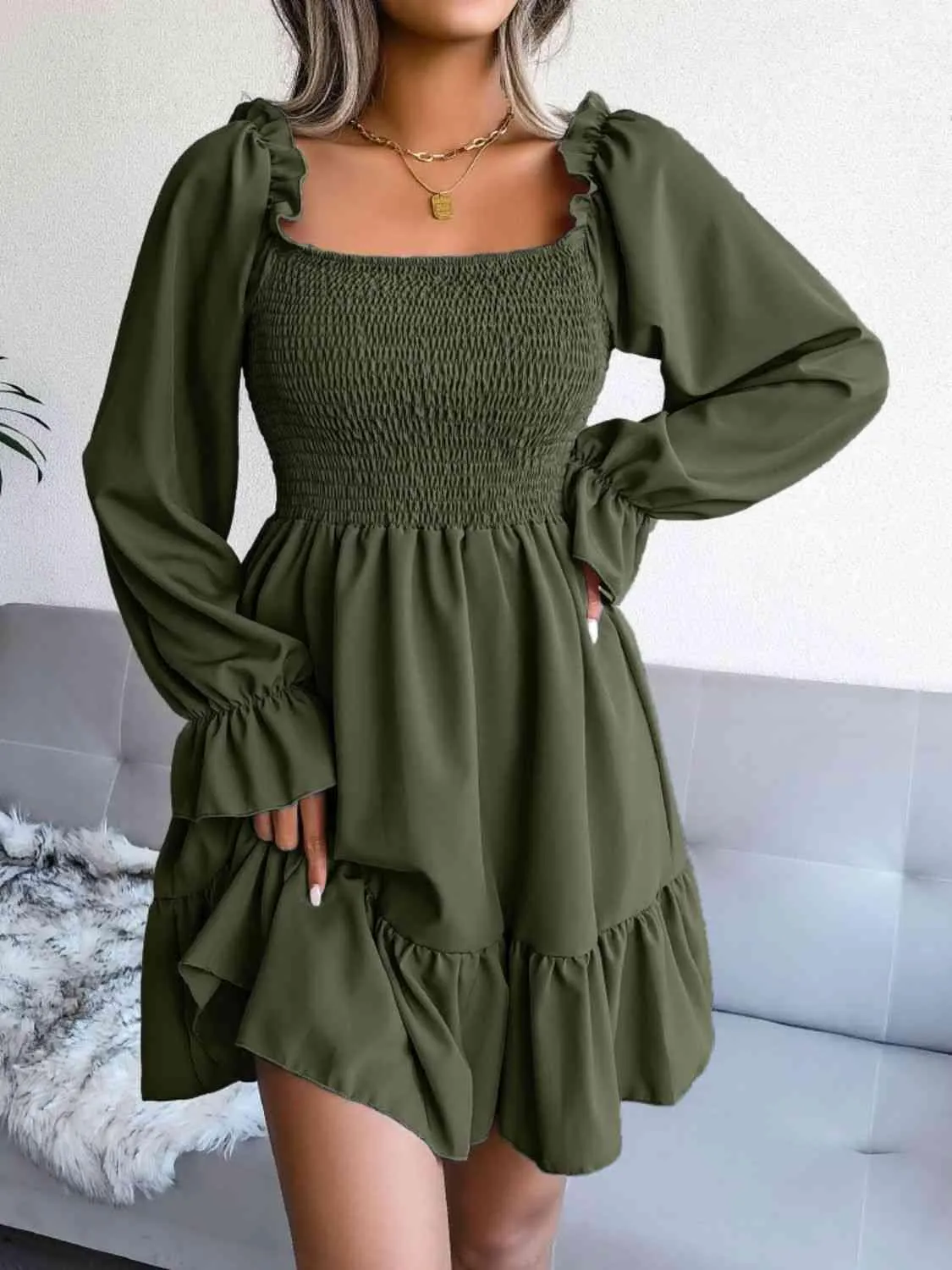 Casual Grace Smocked Square Neck Dress
