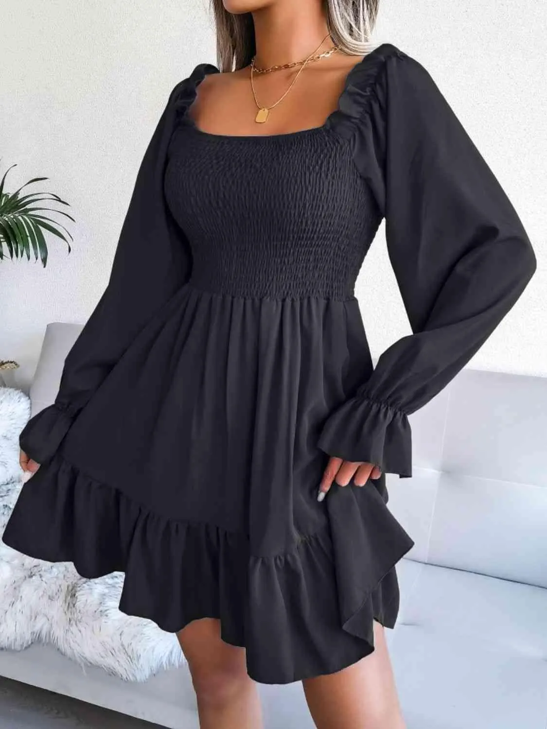 Casual Grace Smocked Square Neck Dress