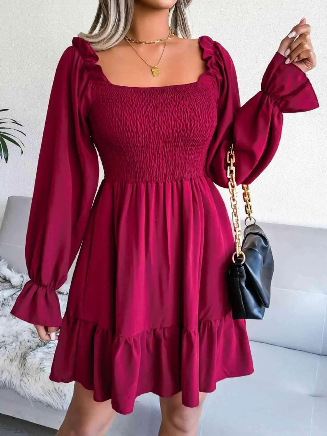 Casual Grace Smocked Square Neck Dress
