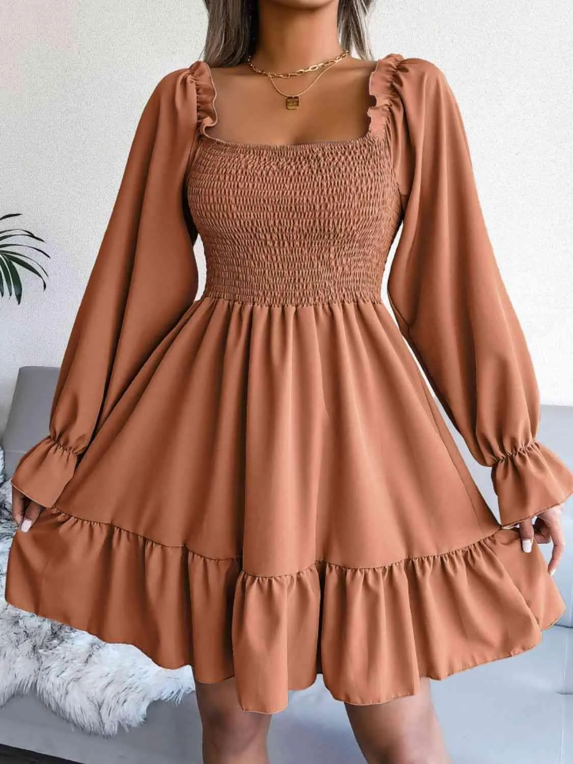 Casual Grace Smocked Square Neck Dress