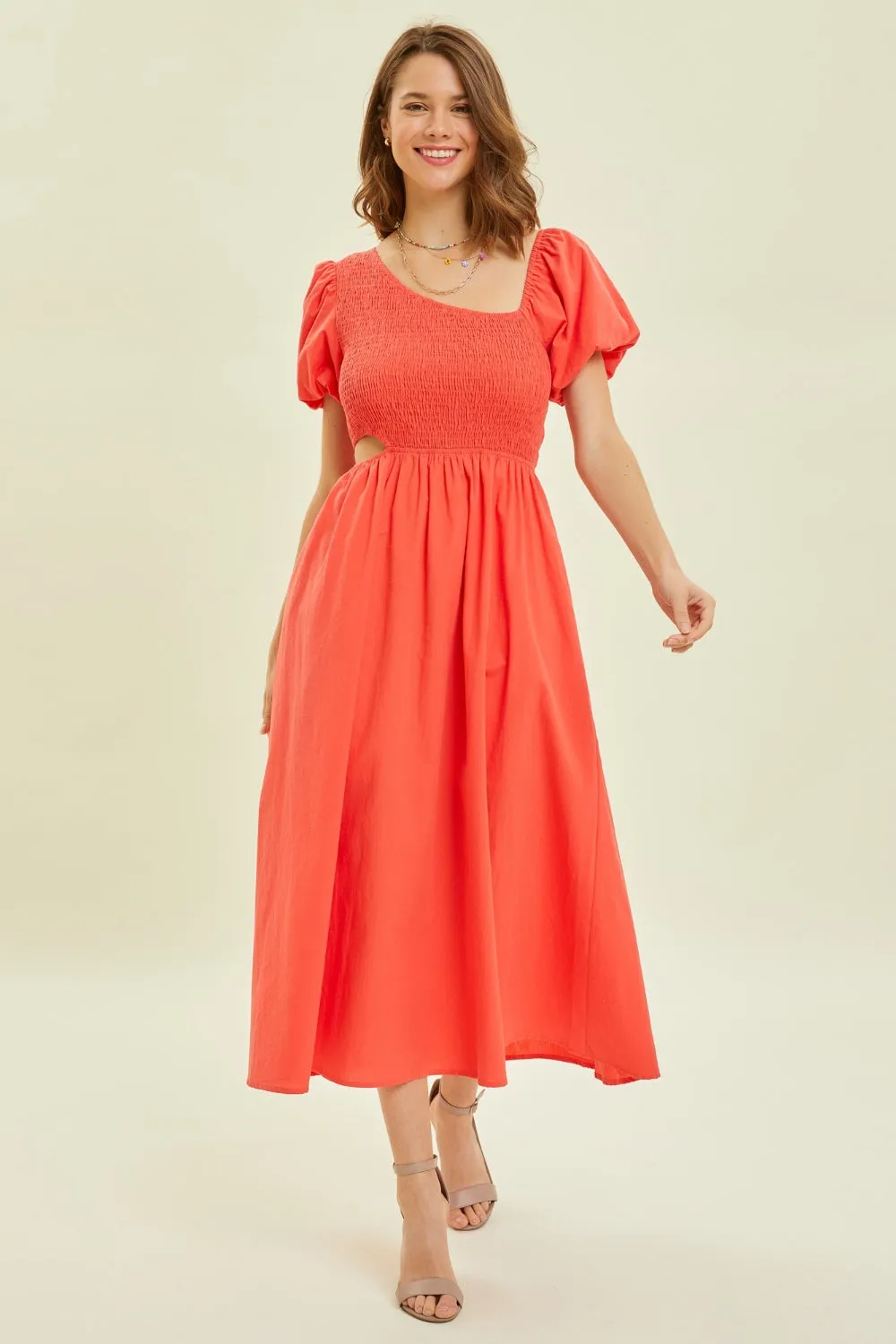 Cherry Red Smocked Cutout Midi Dress