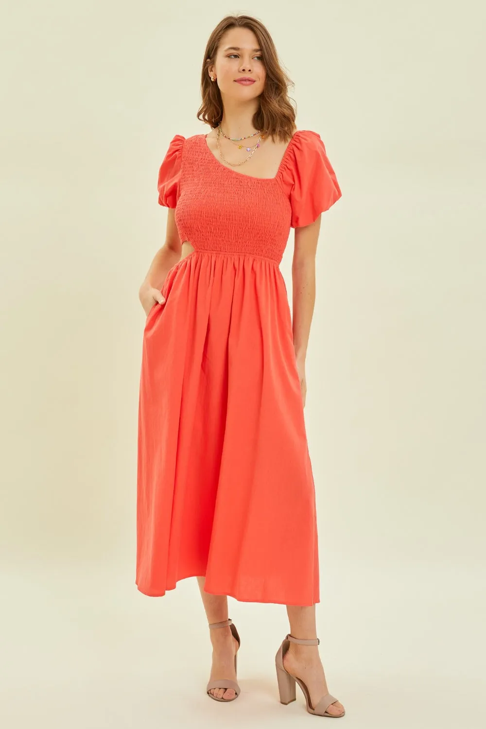 Cherry Red Smocked Cutout Midi Dress