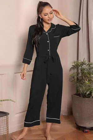 Contrast Piping Lapel Collar One Piece Black Jumpsuit